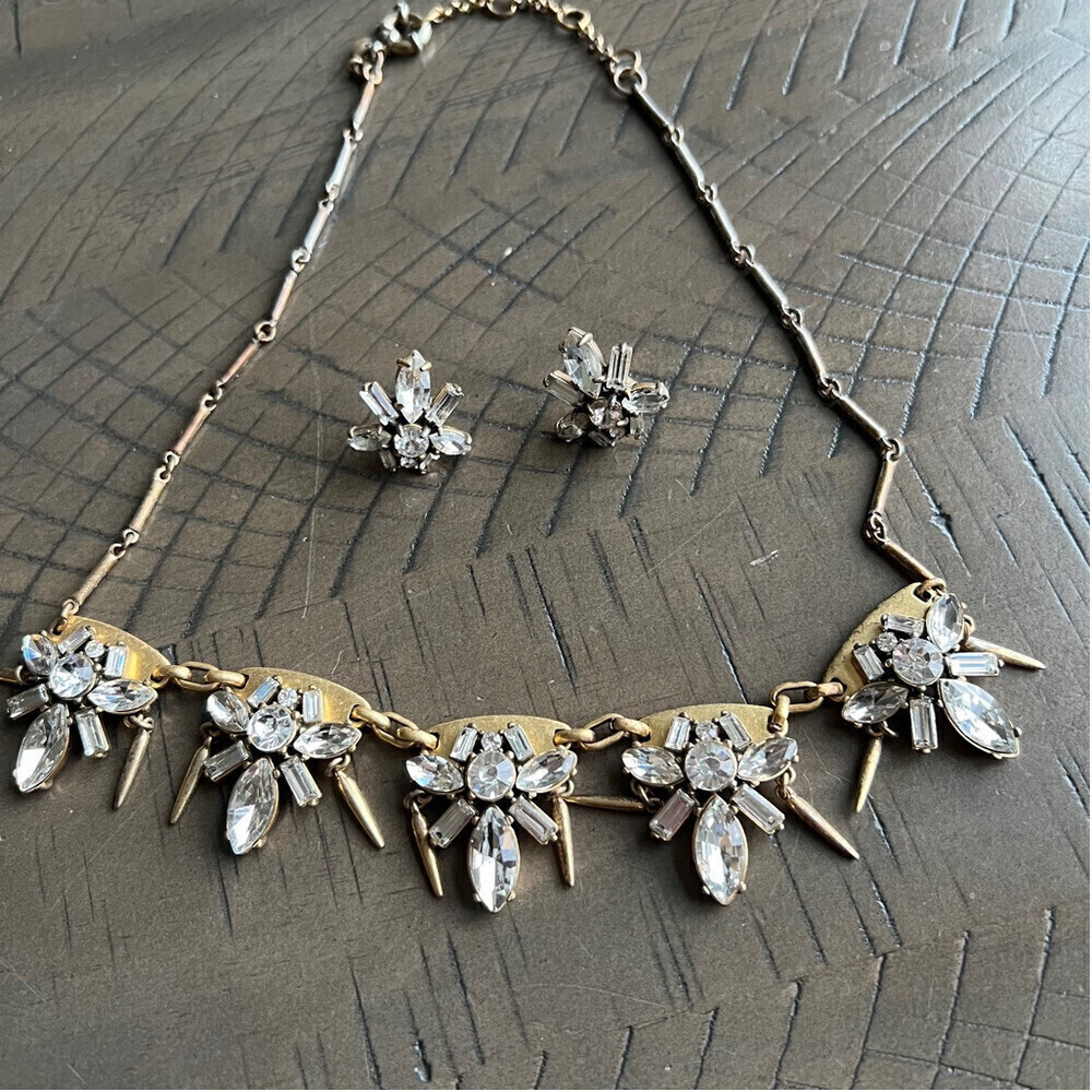 J. Crew Rhinestone Gold Chain Statement Necklace & Earring Set
